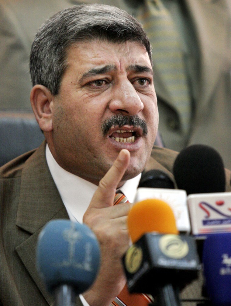 Iraq's Sunni deputy prime Salam al-Zubaie speaks during a May 2006 press conference in Baghdad, Iraq. Al-Zubaie was wounded March 23, in a suicide bombing believed to be an inside job.