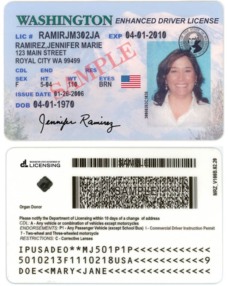 This image made available, Friday, March 23, 2007, by the Washington State Department of Licensing shows a \"proposed design option\" for the new drivers' licenses that is being presented to the Dept. of Homeland Security by the state of Washington. The enhanced driver's license is aimed at easing border crossings into British Columbia, possibly in lieu of a passport.  (AP Photo/Washington State Dept of Licensing)