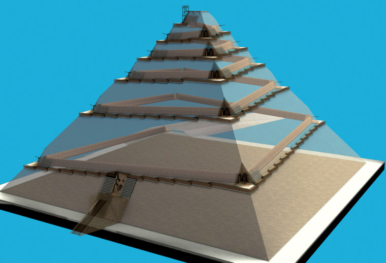 In this 3D computer image released by French company Dassault Systemes on Friday, March 30, 2007, the theory of French architect Jean-Pierre Houdin of an internal ramp built for the construction of the Great Pyramid is seen. During a 3D screening followed by a press conference at the Paris Geode cinema on Friday, Houdin exposed his revolutionary theory of the construction of the Great Pyramid of Khufu, arguing it was built from the inside. Houdin presented the hypothesis of an internal ramp and the use of a counterweight system. Houdin used 3D technology to have his theory confirmed. (AP Photo/Dassault Systemes/HO) ** MAGS OUT - NO SALES **