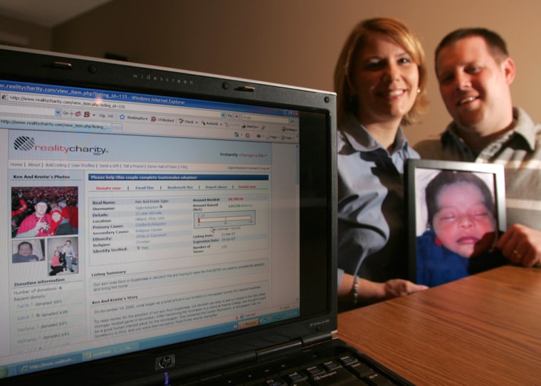 Kristie and Ken Sigler of Hilliard, Ohio, trying to raise funds to adopt a baby, have one of the first listings on RealityCharity.com.