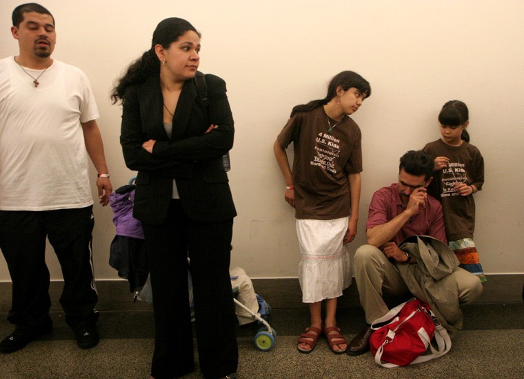 From left, Luis M. Zepeda, 31, Bertha Rangel, Brenda Benitez, 13, with her dad, Rodolfo Benitez, and sister Andrea Benitez, 8, wait to meet with U.S. Rep. Daniel Lipinski, during a visit to Capitol Hill on Tuesday. 30 U.S. citizen children of illegal immigrants who have either been deported or are in the deportation proceedings came from the Chicago area to meet with members of Congress.
