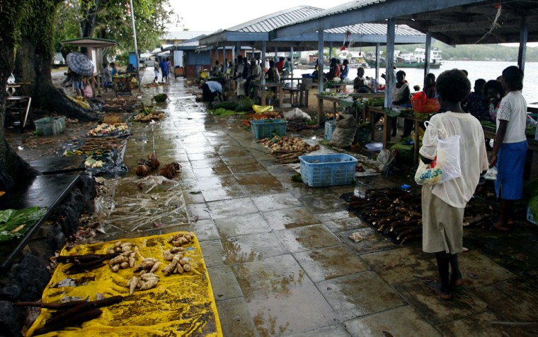 Food vendors put wares on display Monday as life returns to normal on Gizo in the Solomon Islands, which were hit by an earthquake and tsunami last week.  Health workers added measles vaccinations to emergency aid given to thousands of tsunami survivors in squalid camps in the Solomons. After a slow start, the international relief effort has picked up pace.