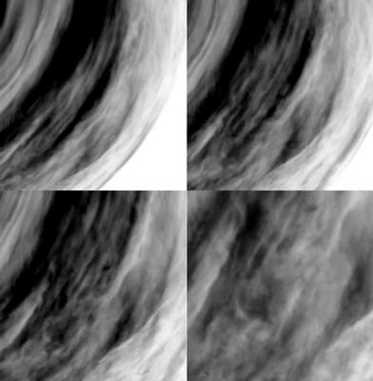 Images near the south pole of Venus on the night side reveal varying cloud systems loaded with turbulence. White areas represent more intense cloud concentrations.