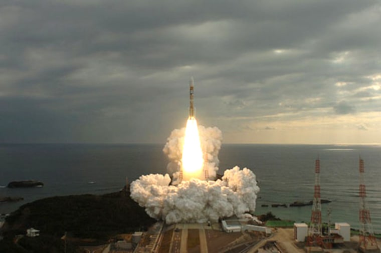 Japan's Advanced Land Observing Satellite Daichi launches skyward atop an H-2A rocket on an Earth-watching mission.