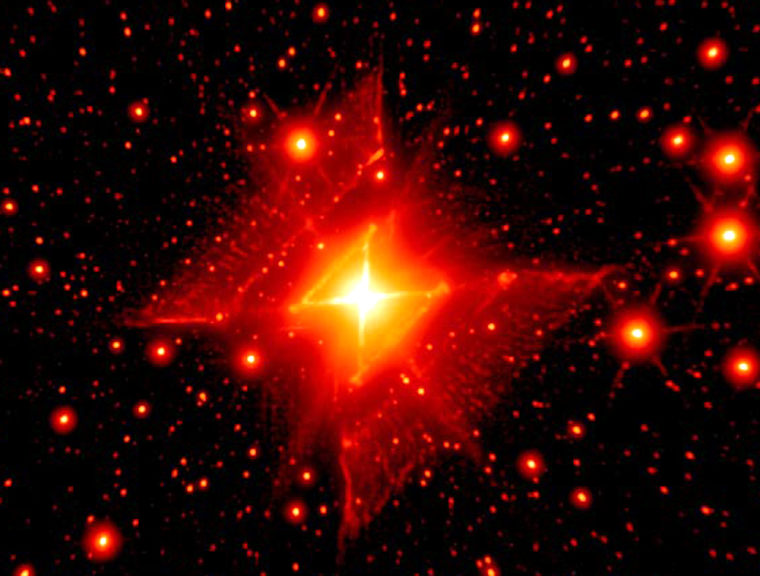 This picture, of the Red Square nebula surrounding the hot star MWC 922, was taken with infrared adaptive optics imaging at Palomar and Keck Observatories. 