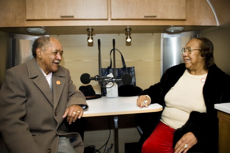 Taylor and Bessie Rogers record their stories in the StoryCorps Griot trailer