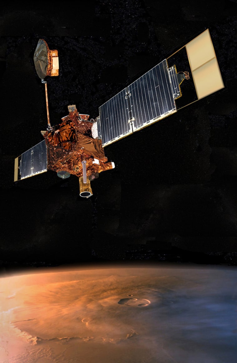 An artist's conception shows Mars Global Surveyor orbiting over the Red Planet's shield volcanoes. Contact with the space probe was lost last November, and a review board says the stage was set for the failure months earlier.