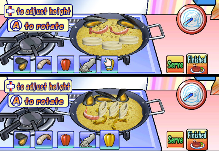 In "Cooking Mama: Cook Off" for Wii, two players compete head to head on a split screen as they try to out-cook each other in paella. 
