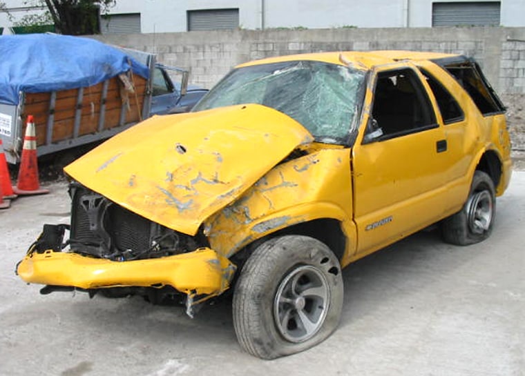 This undated handout photo provided by the Insurance Institute for Highway Safety shows the aftermath of a crash test on a 2004 Chevrolet Blazer.