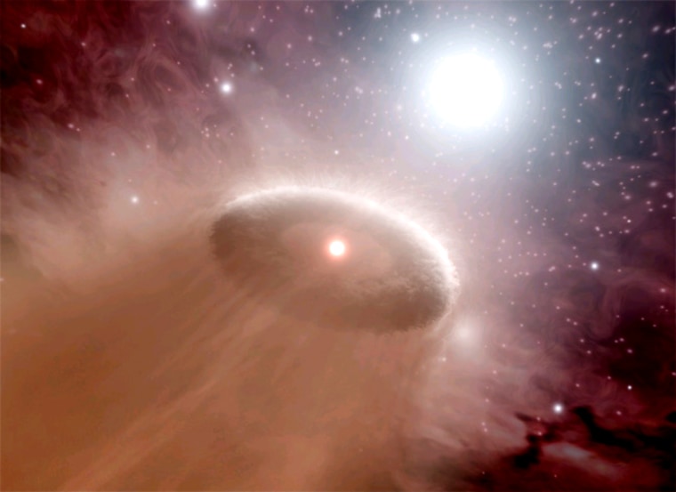 An artist's impression of a young, cool star with a surrounding protoplanetary disk drifting within the danger-zone of a super-hot O-star. 
