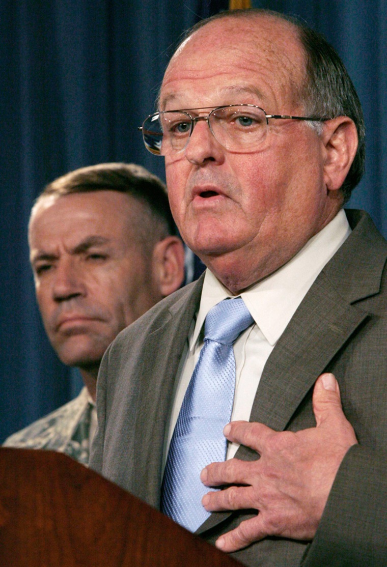 US Defense Department Acting Inspector General Gimble and Brigadier General Johnson attend a news conference at the Pentagon