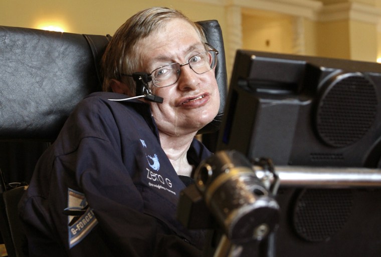 Stephen Hawking answers questions during an interview in Orlando, Florida