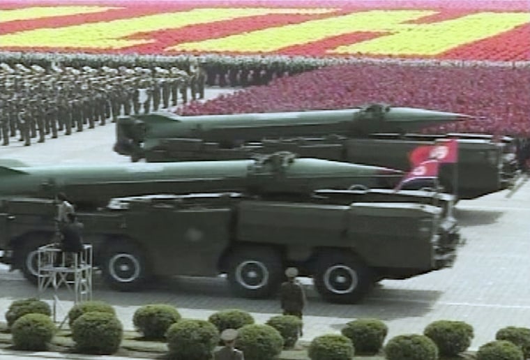 Missiles are paraded Wednesday in Pyongyang, North Korea, during a massive military display to mark the 75th anniversary of the Korean People's Army.