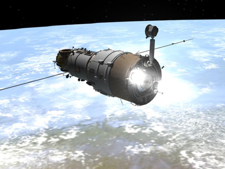 This artist's conception shows the Zvezda service module's main engines firing in preparation for docking with the rest of the international space station back in 2000. Since then, the station has grown considerably — but Zvezda's engines still work.