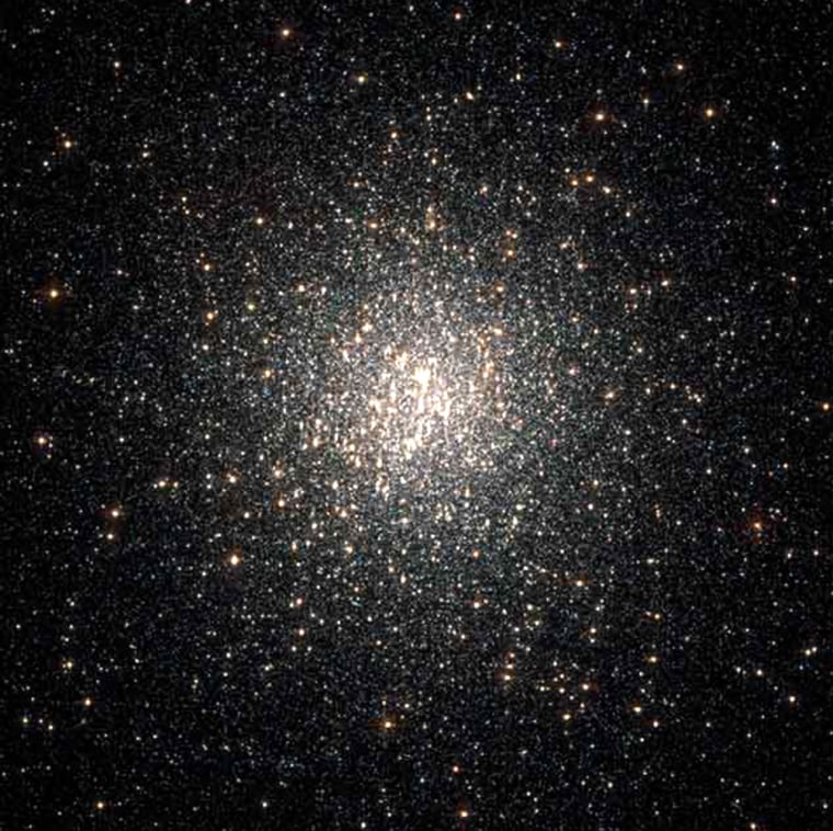 This Hubble telescope image of a dense swarm of stars shows the central region of the globular cluster NGC 2808.