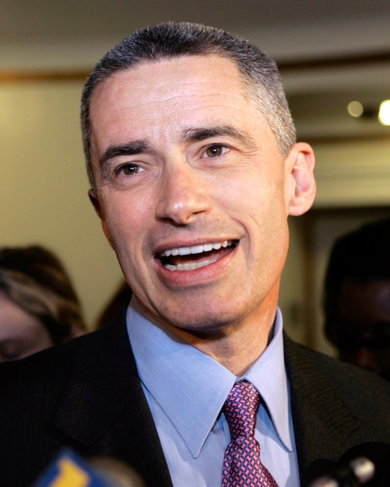 Former New Jersey Gov. James McGreevey, who resigned as governor more than two years ago, after saying he was gay, talks with reporters after a divorce hearing in Superior Court in Elizabeth, N.J., Friday, April 27, 2007.