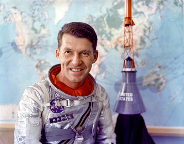 Astronaut Wally Schirra, shown here in his Mercury spacesuit in 1962, has died at the age of 84.