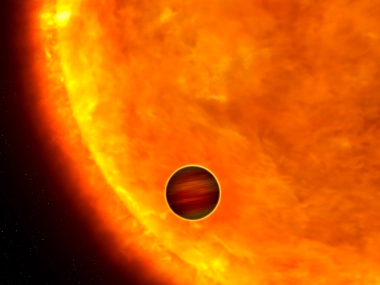 An artist's impression shows a Jupiterlike planet transiting a star. The COROT spacecraft can detect such planets by measuring slight dips in a star's brightness.