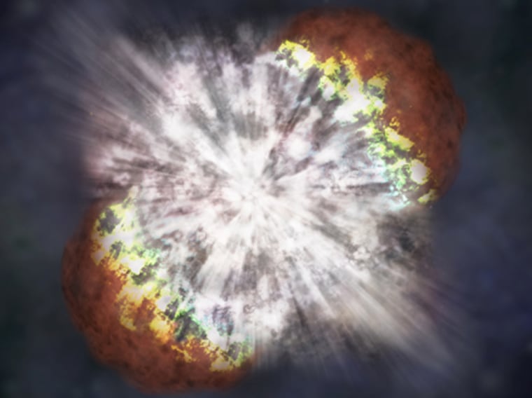 An artist's conception shows a stellar explosion on the scale seen in the supernova known as SN 2006gy.