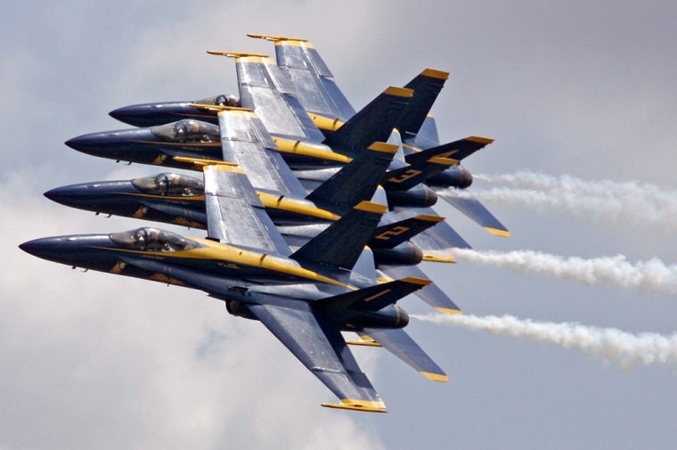 The U.S. Navy flight demonstration team, the Blue Angels, practice maneuvers at Seymour Johnson Air Force Base in Goldsboro, N.C., Thursday, May 10, 2007. The team will perform for the first time this weekend since losing one of its members to a crash during an air-show in South Carolina. (AP Photo/Gerry Broome)