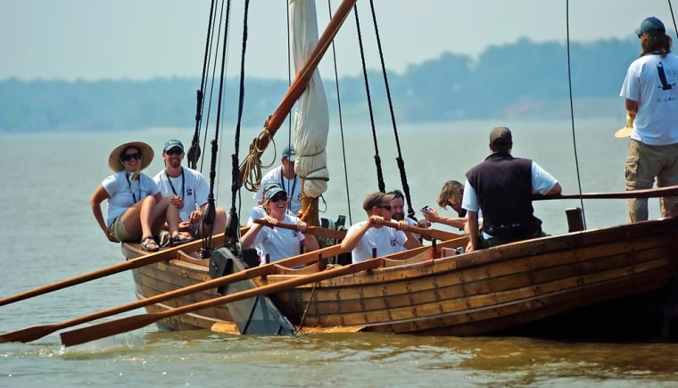 The Shallop, a replica of the small 28 foot boat used by Captain John Smith in 1608 to map the Chesapeake Bay area, sets sail on a 121 day journey on Saturday, May 12, 2007, to re-trace Smith's path of exploration. The boat will visit almost every tributary of the Chesapeake Bay. The launch coincides with the 400th anniversary celebration of the historic Jamestown settlement.  (AP Photo/Gary C. Knapp)