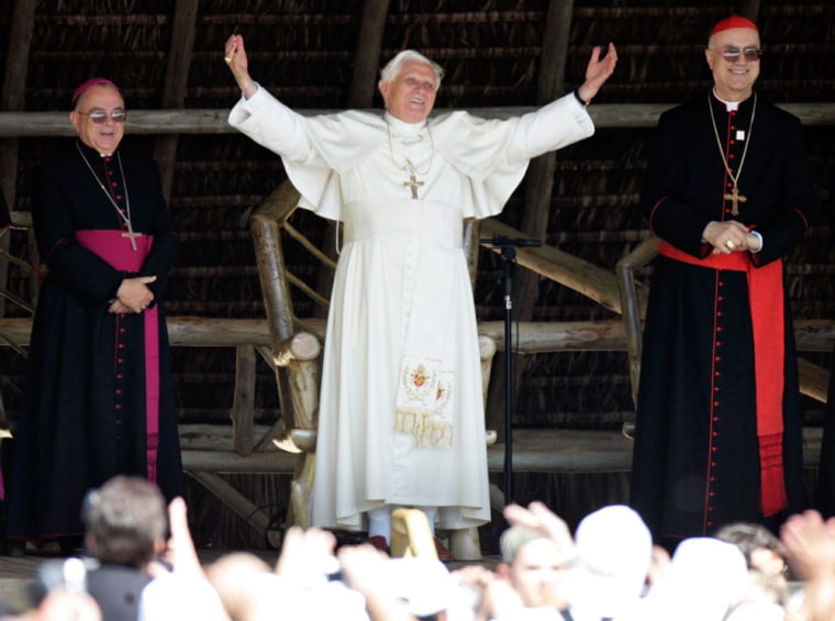 Pope Benedict XVI greets recovering drug addicts at the Fazenda Esperanca rehabilitation center in Guaratingueta
