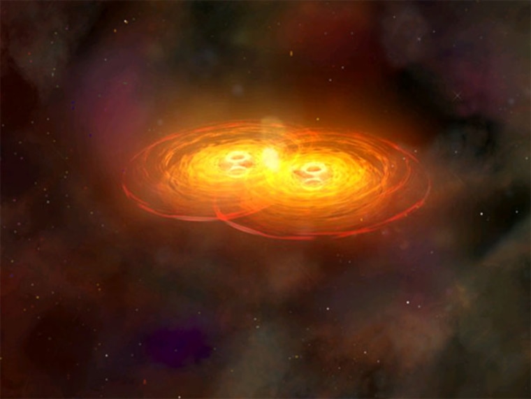 An artist's conception shows the merger of two galaxies and their central black holes. The black holes orbit each other for hundreds of millions of years before they merge to form a single supermassive black hole that sends out intense gravitational waves.