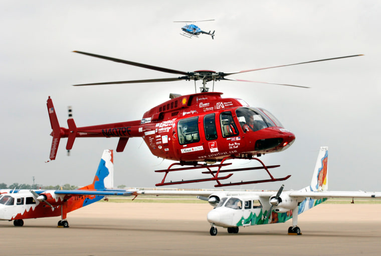 Helicopter pilots Murray and Bodill prepare to set down their Bell 407 helicopter at Alliance Airport in Fort Worth