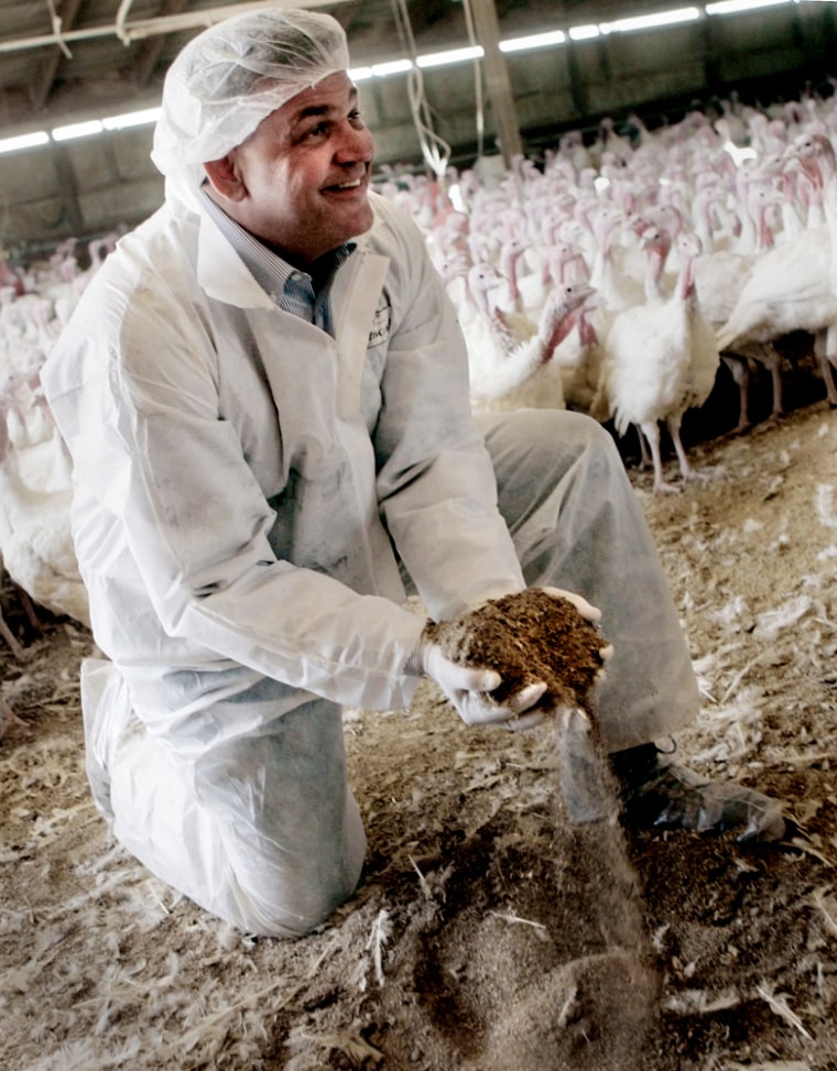 Greg Langmo holds a new source of alternative energy, a mix of turkey droppings and other bits and pieces as they flow through his fingers on his turkey farm near Litchfield, Minn.