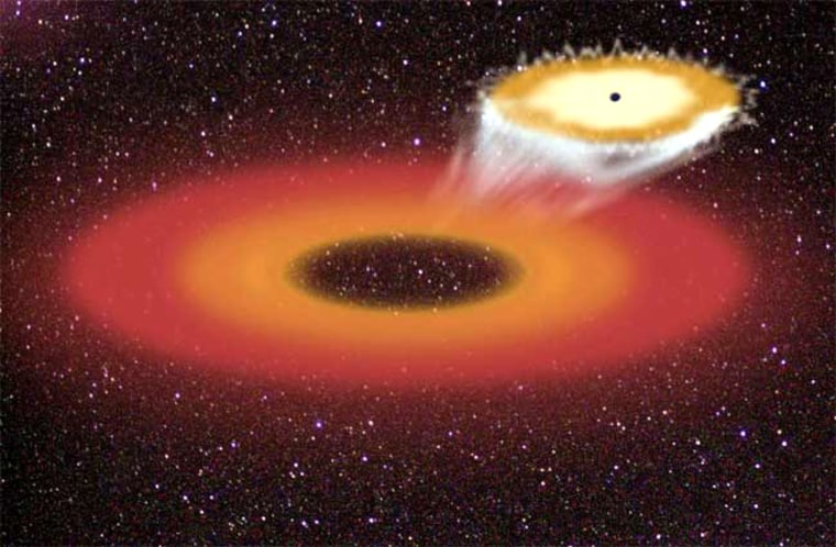 In this artist's conception, a supermassive black hole has been ejected from the center of its host galaxy. The black hole drags part of its surrounding accretion disk along for the ride. Some of the material lags behind, then catches up, crashing into the moving disk and producing a burst of X-rays.