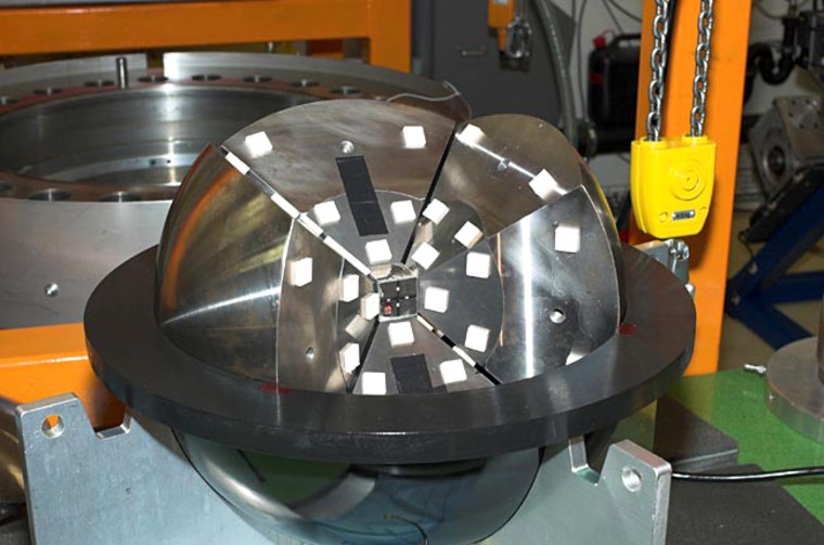 Steel anvils surround a cube made of diamond-infused wedges in the synthetic diamond machine-turned-high pressure laboratory that scientists used to simulate the pressure at Mars' core. 