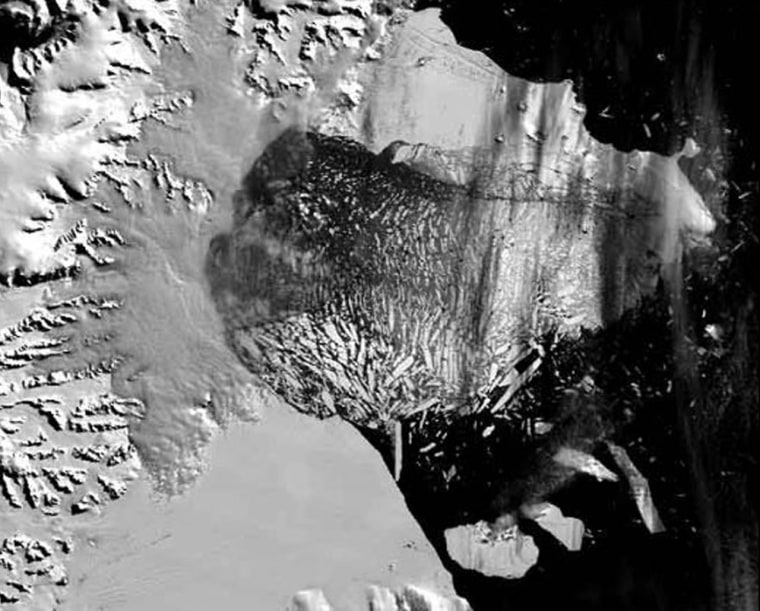 Satellites are used to detect and even photograph changes tied to climate, like this collapse in 2002 of the Larsen B ice shelf on Antarctica. Federal government scientists have warned the Bush administration that a move to cut back on satellite observations will jeopardize climate studies.