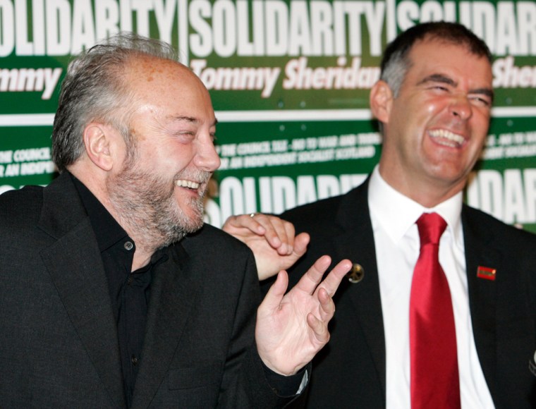 Respect political party leader Galloway laughs with Solidarity party leader Sheridan in Edinburgh, Scotland
