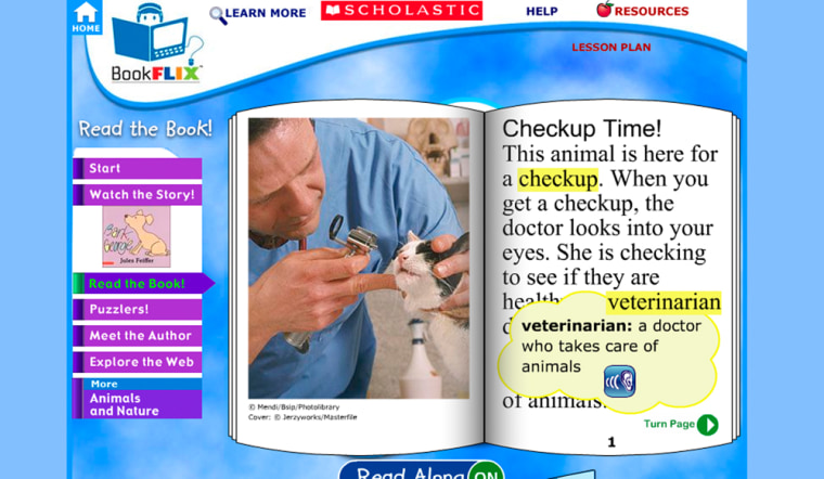 This image from the Scholastic BookFlex Web site shows pages from Alyse Sweeney's "Pets at the Vet," in its electronic form. The site pairs short films based on popular picture books along with nonfiction e-books that allow early readers to follow the text online. Words in yellow are defined for the young reader by just running the cursor over them.