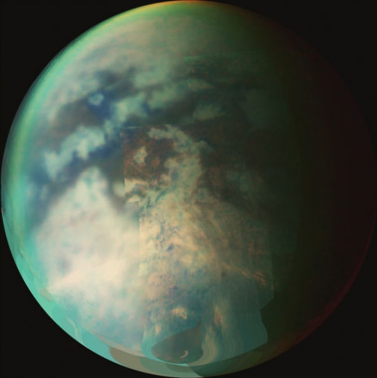 Composite view of Titan built with Cassini images taken on Oct. 9 and Oct. 25, 2006.