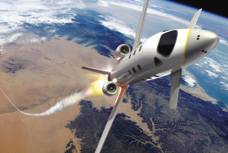 The space plane would take off from an as-yet undetermined spaceport using two conventional jet engines. The plane would climb to 7.5 miles (12 km) in altitude before its rocket engine ignites, powering the vehicle through a coast phase that would provide passengers with one and one-half minutes of near-zero-gravity experience. 