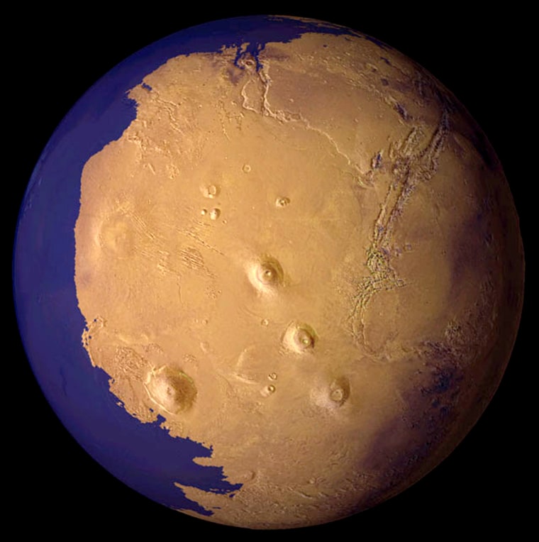 A view of Mars as it might have appeared more than 2 billion years ago, with an ocean filling the lowland basin that now occupies the north polar region.