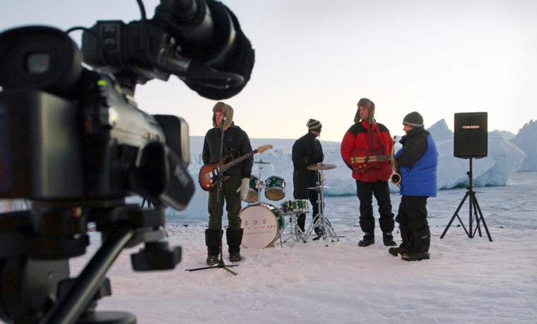 Nunatak, a band made up of scientists stationed on Antarctica, sets up to rehearse for its July 7 Live Earth concert.