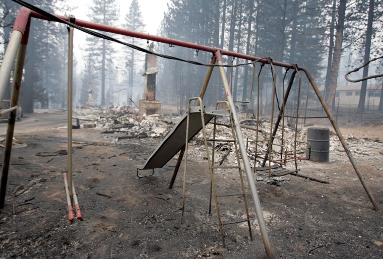 A charred swingset and chimney were all that were left standing Monday after a fire raced through this property in Meyers, Calif.