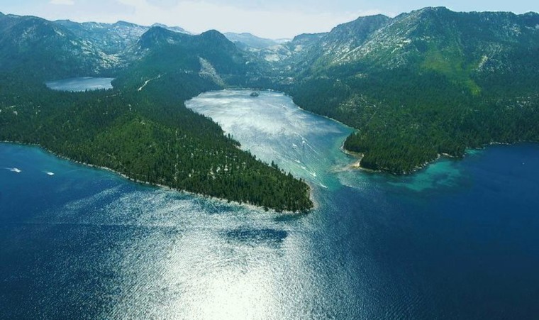 Lake Tahoe, which is shared by California and Nevada, is famed for its blue water set against green forest.