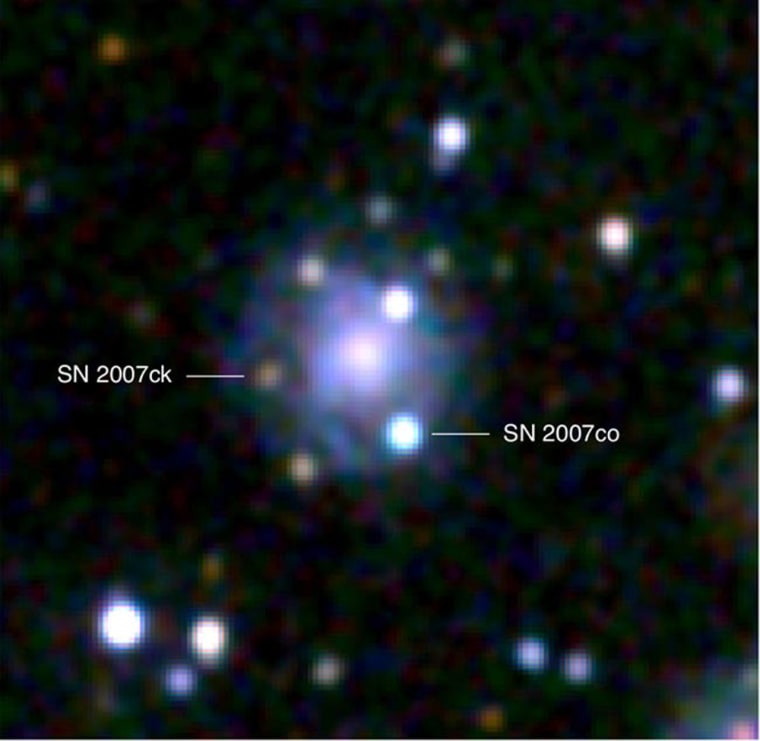Supernova 2007ck (left) is a Type II event, and Supernova 2007co (right) is a Type Ia event. The image is a combination of red, green, and blue pictures taken by the Ultraviolet/Optical Telescope on NASA's Swift satellite.