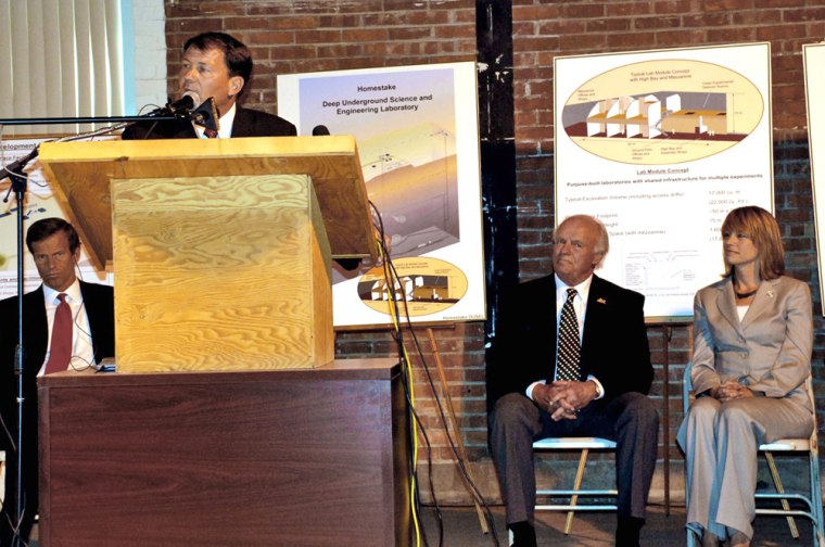 South Dakota Gov. Mike Rounds speaks to a rally held Tuesday, July 10, 2007, in Lead, S.D., to celebrate the selection of the Homestake Gold Mine as the site for a national underground science laboratory.