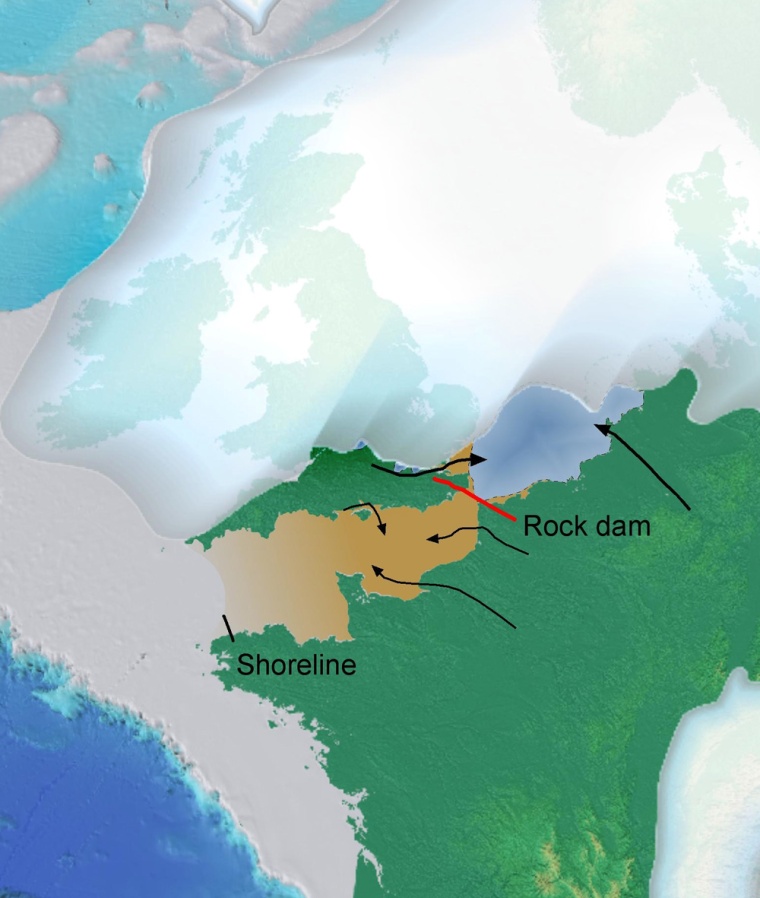 Two ancient floods divided Britain and France as ice sheets expanded into northern Europe and Britain about 450,000 years ago as shown in this image. 