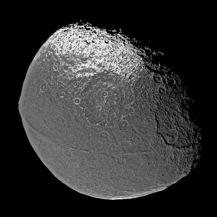 Cassini's view of Saturn's moon Iapetus in late 2005.