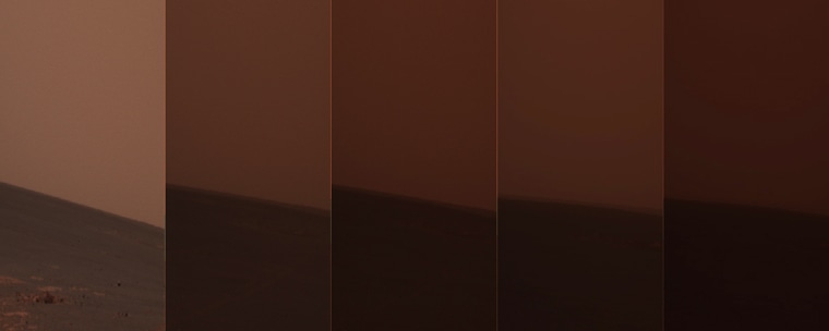 Rovers are managing to survive despite dust storms on Mars. This time-lapse composite image shows how Martian skies darkened over the 30 days beginning June 14. 