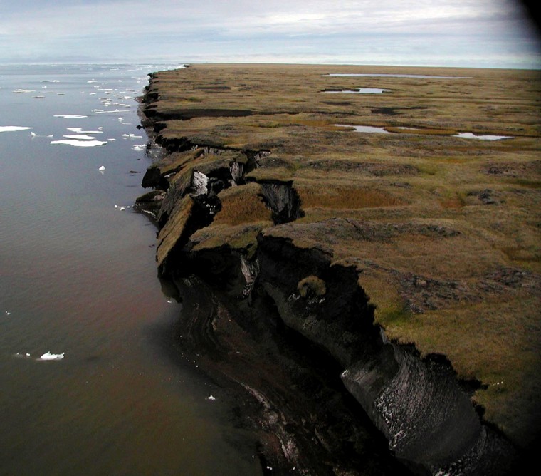 The U.S. Geological Survey has identified areas like this one along Alaska's Beaufort Sea as having been severely eroded by waves undercutting a warmer permafrost.