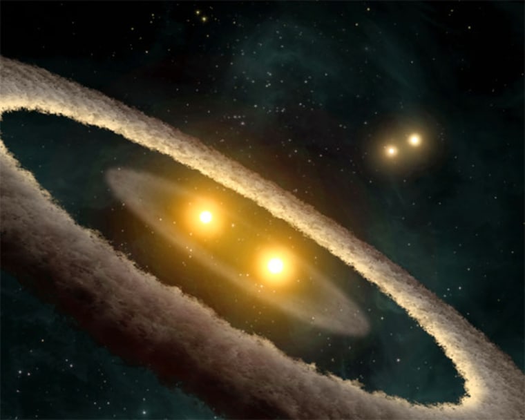 This artist's concept illustrates a quadruple-star system. The system is still relatively young, at 10 million years old. One of its two pairs of stars is known to be circled by a dusty disk, which contains materials that are thought to clump together to form planets.
