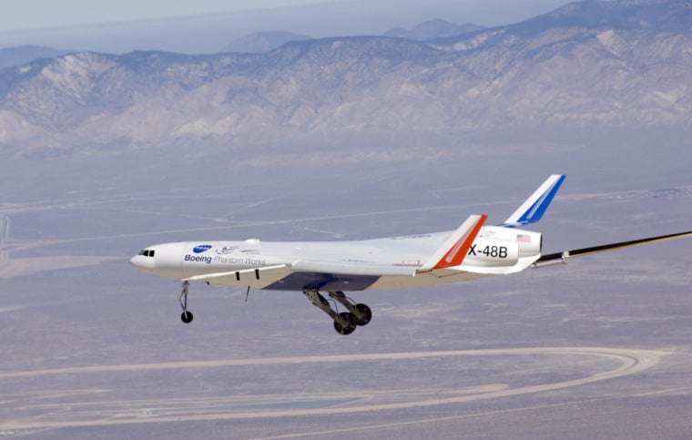 X-48B blended wing body research aircraft makes its first flight at NASA's Dryden Flight Research Center in Edwards