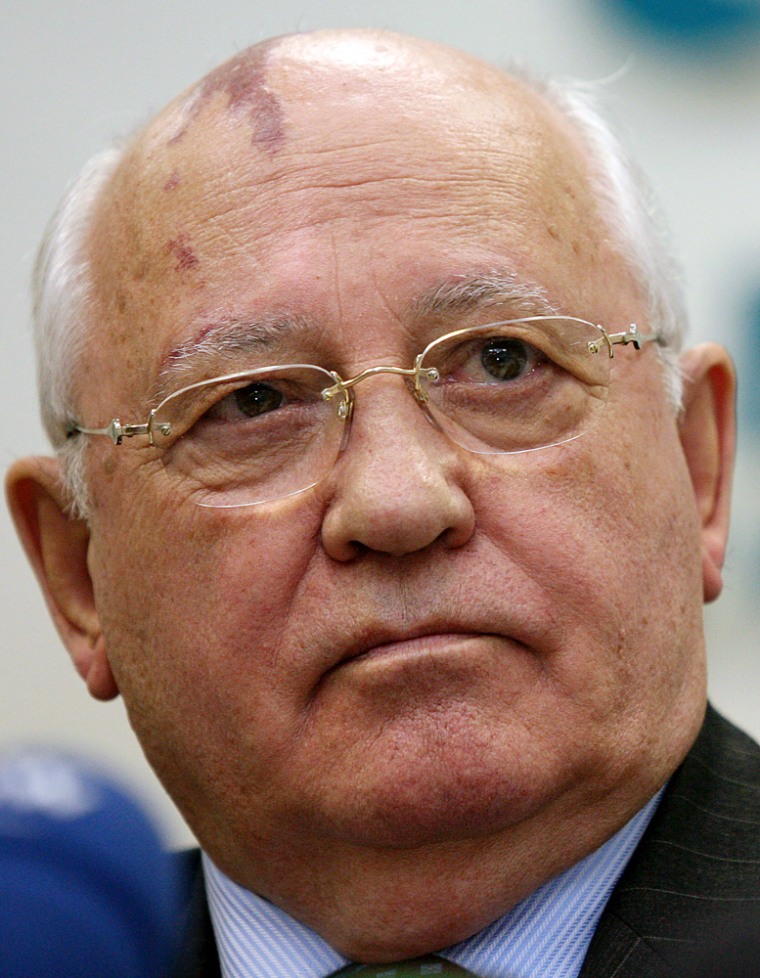 Former President of the Soviet Union Mikhail Gorbachev speaks at a media conference