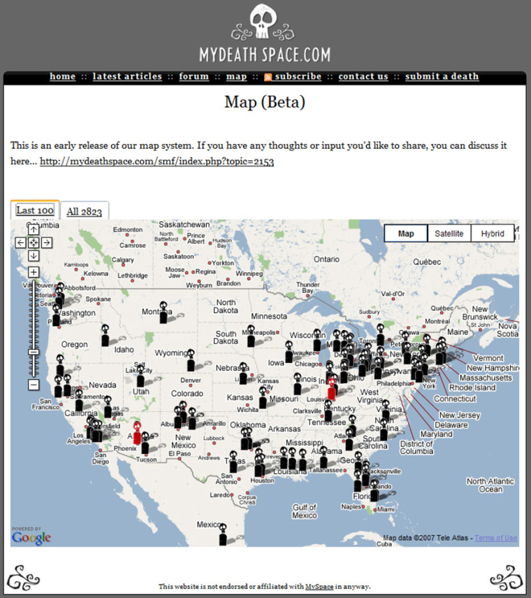 MyDeathSpace.com's "death map" charts geographically in the United States the death locations of former MySpace members with skulls and grave markers, and so-called murderers with red devils.